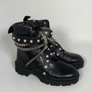 Zara Black Leather Combat Pearl Embellished Boots